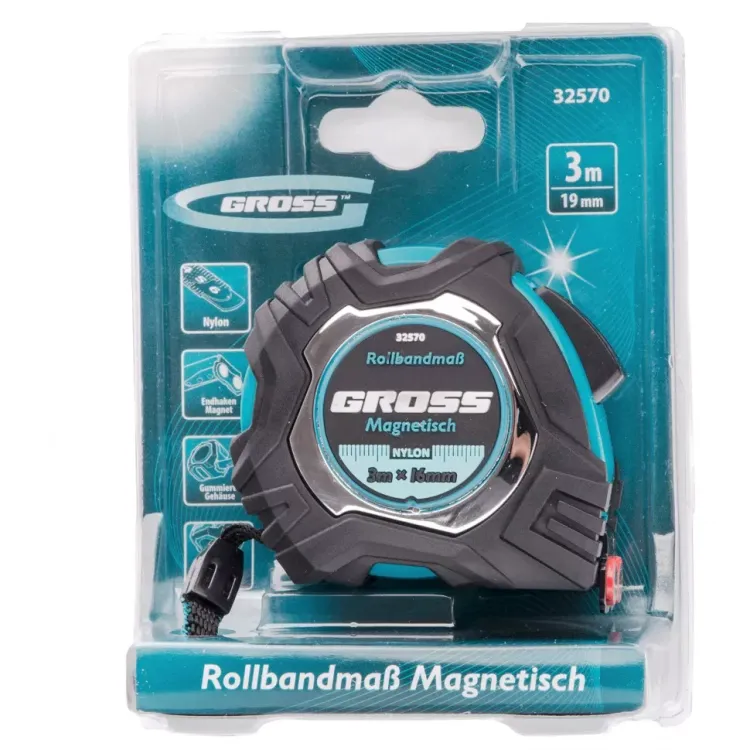 Рулетка Magnetisch 3 м х 16 мм обрезиненный корпус автоматическая фиксация Нейлоновое покрытиеытие зацеп с магнитом Gross 32570 купить в Нижневартовске