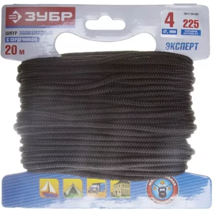 Шнур ЗУБР полиамидный, плетеный, повышенной нагрузки, с сердечником, черный, d 4, 20м 50311-04-020 купить в Нижневартовске