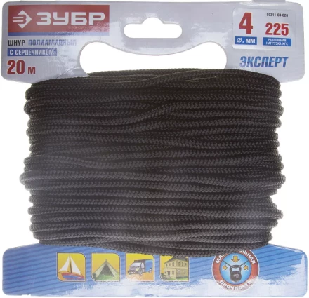 Шнур ЗУБР полиамидный, плетеный, повышенной нагрузки, с сердечником, черный, d 4, 20м 50311-04-020 купить в Нижневартовске