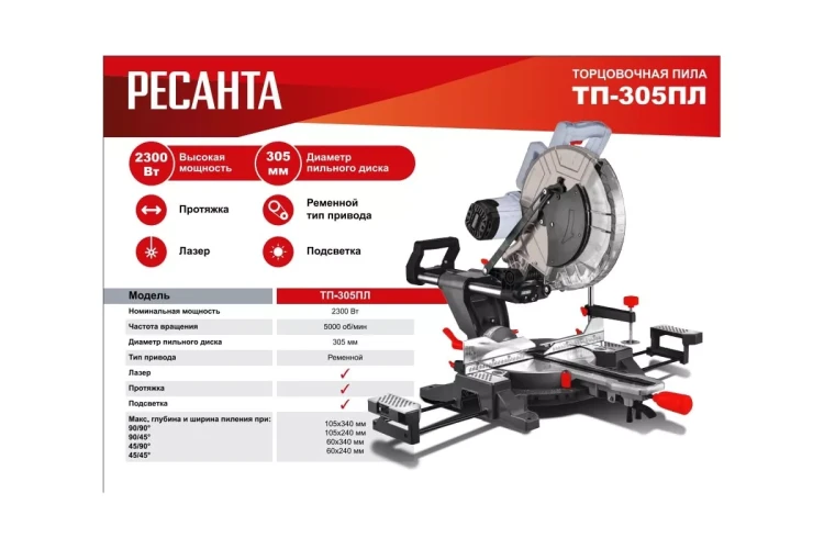 Торцовочная пила Ресанта ТП-305ПЛ 75/18/6 купить в Нижневартовске