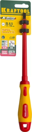 Отвертка KRAFTOOL, высоковольтная, Cr-Mo-V стержень, двухкомпонент. маслобензостойкая рукоятка, SL, 6,5х150мм 250083-6.5-150 купить в Нижневартовске