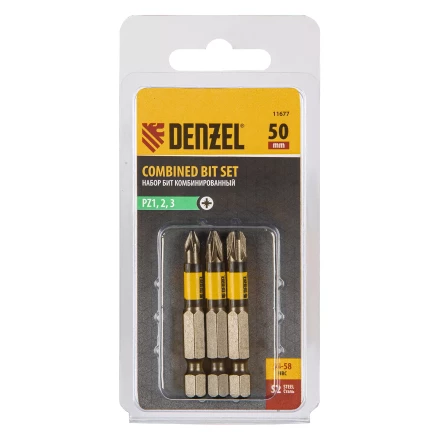 Набор бит комбинированный 3 шт., PZ1, PZ2, PZ3, 50 мм, сталь S2 Denzel 11677 купить в Нижневартовске