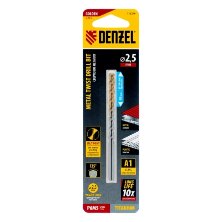 Сверло спиральное по металлу 2,5 х 95 мм Р6М5, Golden Tip, удлиненное, 2шт. Denzel 718246 купить в Нижневартовске