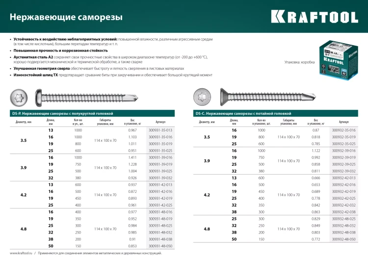 Нержавеющие саморезы DS-P с полукруглой головкой, коробка 300931-48-038 купить в Нижневартовске