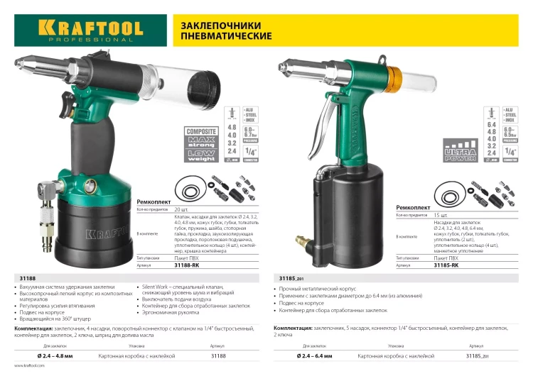 Заклепочник пневматический KRAFTOOL INDUSTRIE-PNEUMO для заклёпок из алюминия, стали, нерж. стали, d=2,4 / 3,2 / 4,0 / 4,8 / 6,4 мм 31185_z01 купить в Нижневартовске
