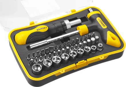 Набор STAYER "MASTER" "HERCULES": Отвертка реверсивная, Т-образная отвертка-битодержатель, адаптер для торц голов, 43 предм 25084-H43 купить в Нижневартовске