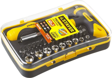 Набор STAYER "MASTER" "HERCULES": Отвертка реверсивная, Т-образная отвертка-битодержатель, адаптер для торц голов, 43 предм 25084-H43 купить в Нижневартовске