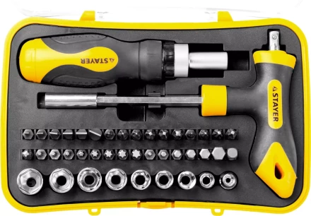 Набор STAYER "MASTER" "HERCULES": Отвертка реверсивная, Т-образная отвертка-битодержатель, адаптер для торц голов, 43 предм 25084-H43 купить в Нижневартовске