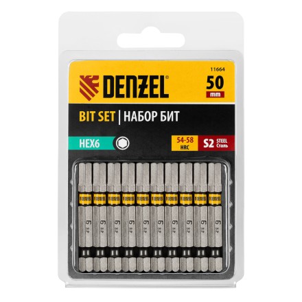 Бита HEX 6х50, сталь S2, шестигранный профиль, 10 шт. Е 6,3 Denzel 11664 купить в Нижневартовске