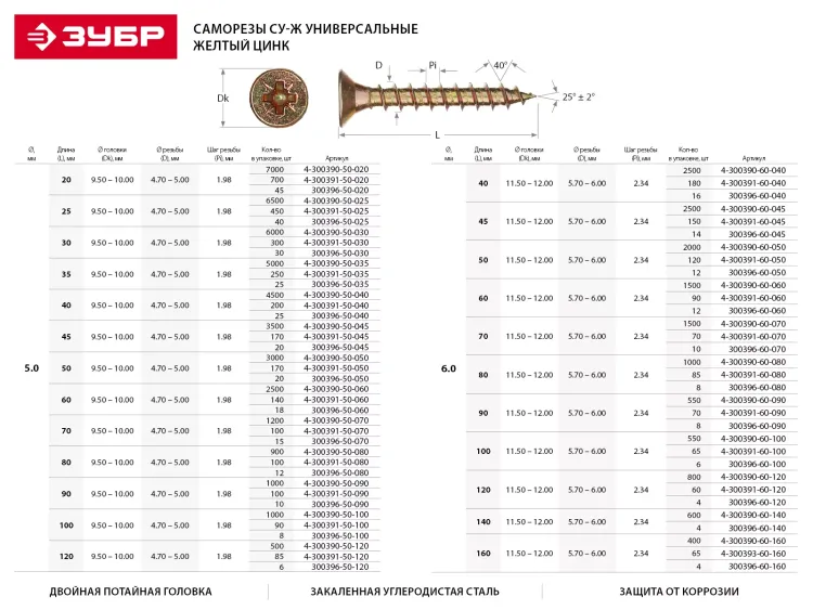 Шурупы ЗУБР по дереву желтопассивированные, 5.0x80мм, 6шт 4-300396-50-080 купить в Нижневартовске