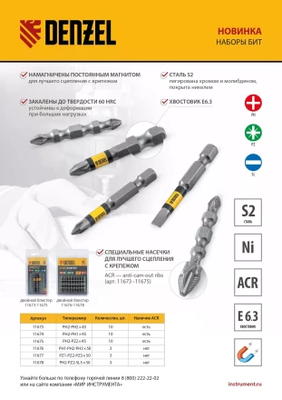 Набор бит комбинированный 3 шт., PH2, PZ2, SL5, 50 мм, сталь S2 Denzel 11678 купить в Нижневартовске
