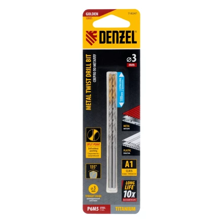 Сверло спиральное по металлу 3 х 100 мм, Р6М5, Golden Tip, удлиненное, 2шт. Denzel 718247 купить в Нижневартовске