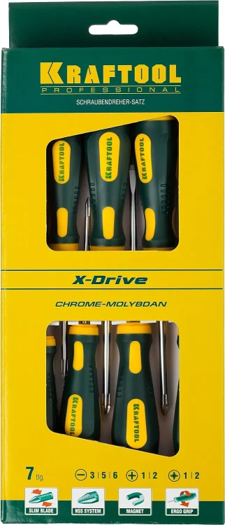 Набор X-Drive, KRAFTOOL 250081-H7: Отвертки профессиональные, SL: 3x80, 5x100, 6x125; PH: 1x80, 2x100; PZ: 1x80, 2x100 250081-H7 купить в Нижневартовске