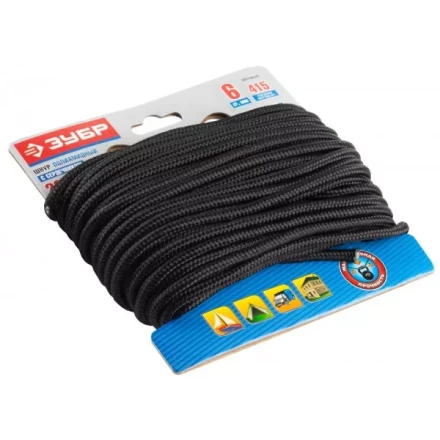 Шнур ЗУБР полиамидный, плетеный, повышенной нагрузки, с сердечником, черный, d 6, 20м 50311-06-020 купить в Нижневартовске