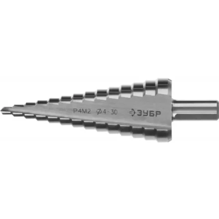 Сверло ЗУБР "МАСТЕР" ступенчатое по сталям и цвет.мет., быстрорежущая сталь, d=4-30мм, 14ступ.d=4-30, L-100мм, трехгран. хв.10мм 29665-4-30-14 купить в Нижневартовске