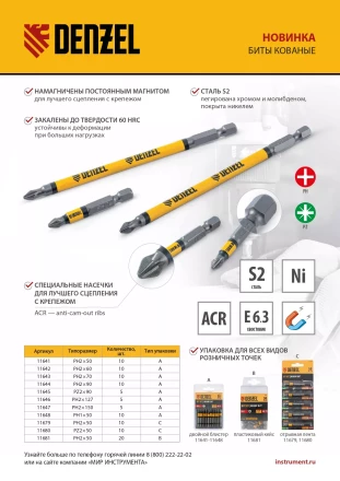 Бита PH2х50, сталь легированная S2, 10 шт., круглый профиль, отрывная упаковка, Е 6,3 Denzel 11679 купить в Нижневартовске