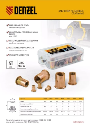 Заклепки резьбовые, стальные, оцинкованные, М5, пластиковый кейс, 100 шт. Denzel 40602 купить в Нижневартовске