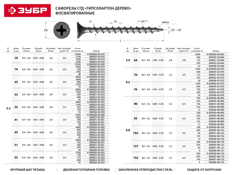 Саморезы фосфатированные с крупной резьбой, гипсокартон-дерево, ЗУБР 300036-48-102, PH2, 4,8 x 102 мм, 10 шт 300036-48-102 купить в Нижневартовске