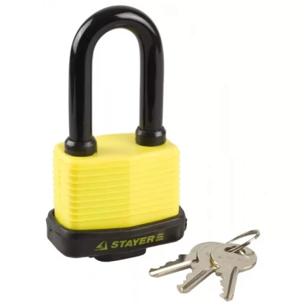 Замок STAYER "MASTER" навесной, всепогодный, пластиковая защита корпуса, с удлин. закален. дужкой,на карточке, 60мм 37141-50 купить в Нижневартовске
