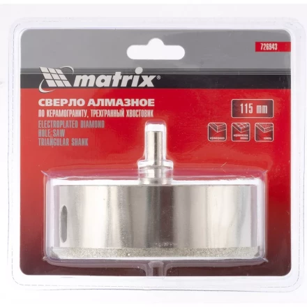 Сверло алмазное по керамограниту 115 х 67 мм 3-гранный хвостовик MATRIX артикул 726943 купить в Нижневартовске