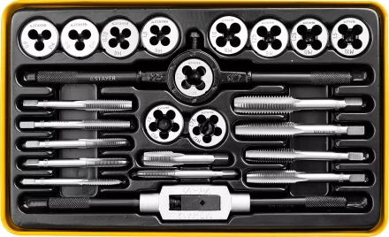 Набор метчиков и плашек STAYER "MASTER", метчикодержатель 1шт, плашкодержатель 1шт, метчики 11шт, плашки 11шт, 24 предмета 28020-H24 купить в Нижневартовске