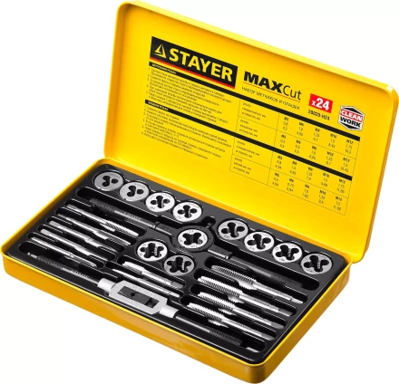 Набор метчиков и плашек STAYER "MASTER", метчикодержатель 1шт, плашкодержатель 1шт, метчики 11шт, плашки 11шт, 24 предмета 28020-H24 купить в Нижневартовске