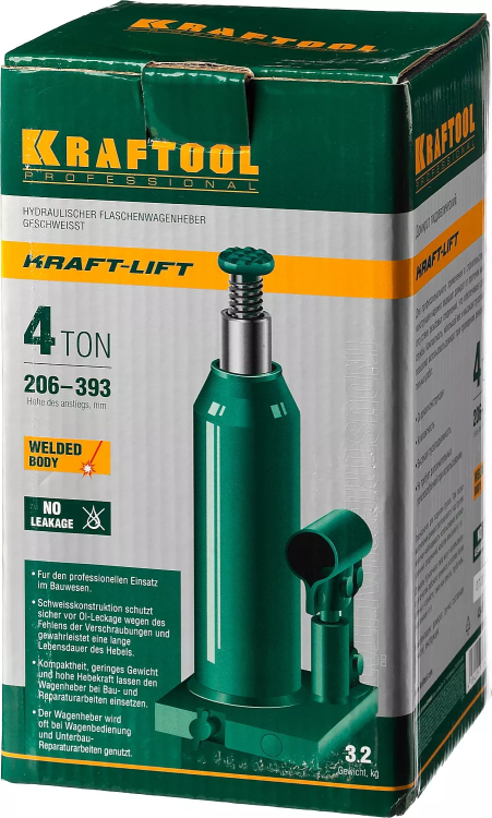 Домкрат гидравлический бутылочный "Kraft-Lift", сварной, 4т, 206-393мм, KRAFTOOL 43462-4 43462-4_z01 купить в Нижневартовске