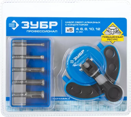 Набор ЗУБР "ПРОФЕССИОНАЛ": Алмазные трубчатые сверла по керамике с кондуктором, гальваника, зерно 60, d=4/6/8/10/12мм, 6шт 29851-H6 купить в Нижневартовске