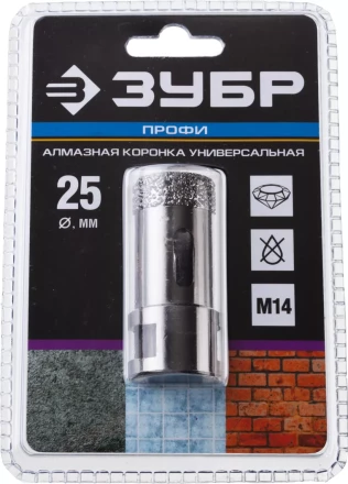 Алмазная коронка ЗУБР "ПРОФЕССИОНАЛ" универсальная для УШМ, сухое сверление, алмазы на вакуумной пайке,  посадка М14, d=25мм 29865-25 купить в Нижневартовске