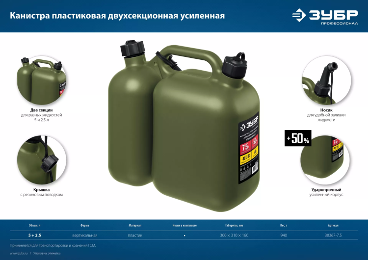ЗУБР 5 + 2.5 л, пластиковая усиленная двухсекционная канистра, Профессионал (38367-7.5) купить в Нижневартовске