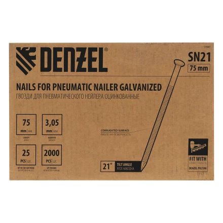 Гвозди для пнев. нейлера (оцинк.), длина - 75 мм, диам. - 3,05 мм, 2000 шт. Denzel 57687 купить в Нижневартовске