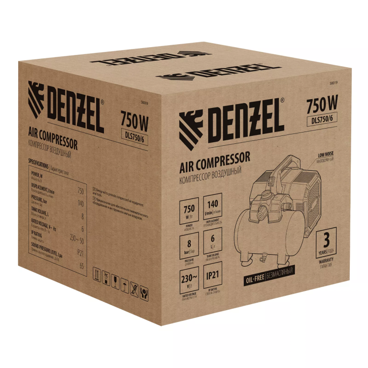 Компрессор Denzel DLS750/6 58019 безмасляный малошумный 750 Вт, 140 л/мин,ресивер 6 л купить в Нижневартовске
