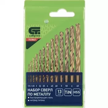 Набор нитридтитан. сверл по металлу 1,5-6,5мм через 0,5мм+3,2мм 4,8мм НSS,13 штук СИБРТЕХ 723867 купить в Нижневартовске