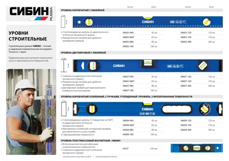 Уровень СИБИН коробчатый, 3 противоударных ампулы, измерительная линейка, 120см 34605-120 купить в Нижневартовске