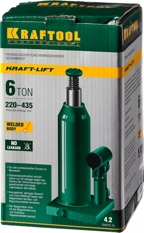 Домкрат гидравлический бутылочный "Kraft-Lift", сварной, 6т, 220-435мм, KRAFTOOL 43462-6 43462-6_z01 купить в Нижневартовске