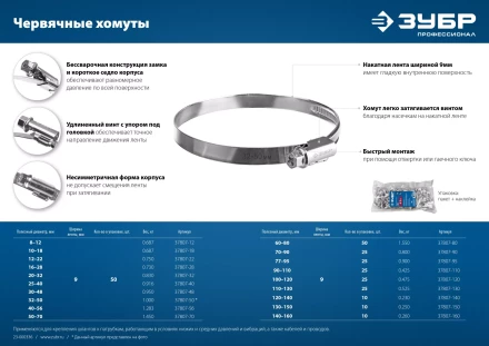 ЗУБР Х-9Н, 50 - 70 мм, накатная лента 9 мм, цинк, 50 шт, червячный хомут (37807-70) купить в Нижневартовске