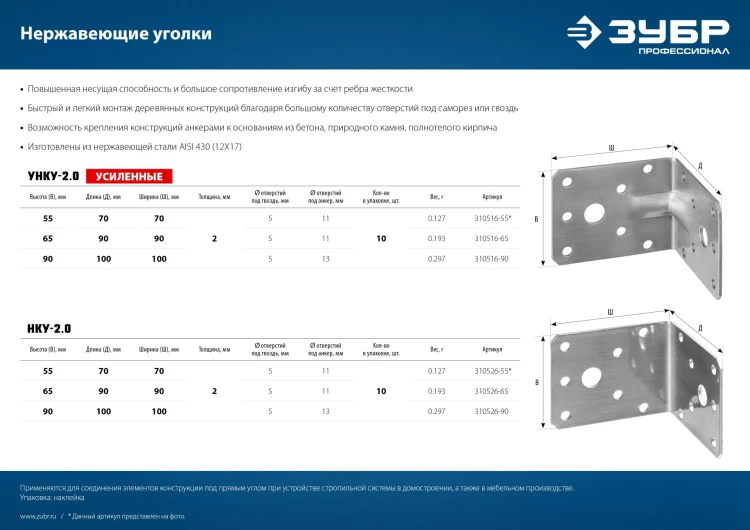 ЗУБР НКУ-2.0, 90 x 100 x 100 x 2 мм, нержавеющий крепежный уголок, Профессионал (310526-90) купить в Нижневартовске