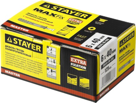 Дюбель-гвоздь полипропиленовый, потайный бортик, 6 x 40 мм, 125 шт, STAYER Master 30645-06-040 30645-06-040 купить в Нижневартовске