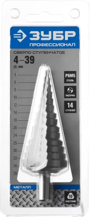 Сверло ЗУБР ступенчатое по сталям и цвет.мет.ст.Р6М5,d4- 39мм,14ступ.d4-39,L -113 мм, трехгран.хв. 10мм 29670-4-39-14 купить в Нижневартовске