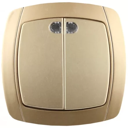 Выключатель СВЕТОЗАР "АКЦЕНТ" двухклавишный в сборе, с подсветкой, цвет золотой металлик, 10А/~250В SV-54235-GM купить в Нижневартовске