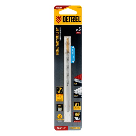 Сверло спиральное по металлу Denzel 5 х 132 мм, Р6М5, Golden Tip, удлиненное, 718254 купить в Нижневартовске