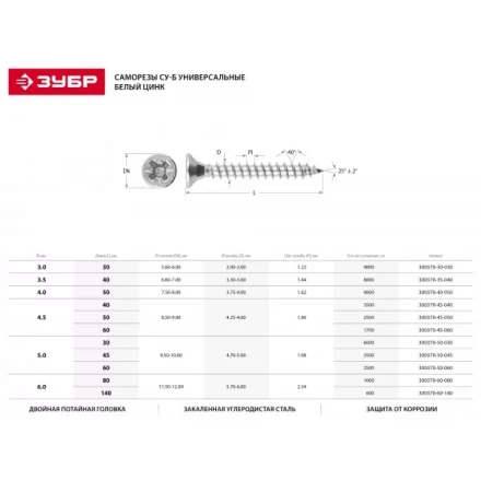 Саморезы СУ-Б универсальные, 50 x 4.5 мм, 2 500 шт, белый цинк, ЗУБР 300370-45-050 купить в Нижневартовске