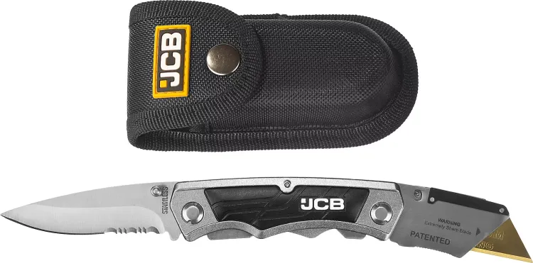 Нож JCB складной многофункц, трапец лезвие, тип "А24", перочин лезвие с серрейтор заточкой, мет корпус, чехол, 5 лезвий JLC003 купить в Нижневартовске