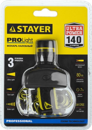 Фонарь STAYER &quot;PROFESSIONAL&quot; налобный светодиодный, 3Вт(140Лм), регулируемый фокус, 3 режима, 3ААА 56566 купить в Нижневартовске