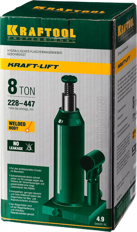 Домкрат гидравлический бутылочный "Kraft-Lift", сварной, 8т, 228-447мм, KRAFTOOL 43462-8 43462-8_z01 купить в Нижневартовске
