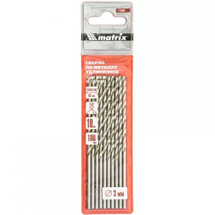 Сверло по металлу 3,0 х 100 мм полированное удлиненное HSS 10 штук цилиндрический хвостовик MATRIX 715030 купить в Нижневартовске
