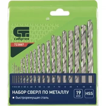 Набор сверл по металлу 1-10 мм через 0,5 мм HSS 19 штук ,пластик.коробка цил. хвостовик СИБРТЕХ 723887 купить в Нижневартовске