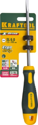 Отвертка KRAFTOOL, Cr-Mo-V сталь, двухкомпонентная противоскользящая рукоятка, SL, 6,0x125мм 250071-6.5-125 купить в Нижневартовске