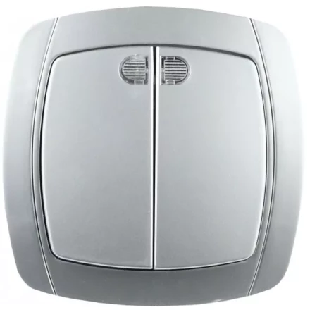 Выключатель СВЕТОЗАР "АКЦЕНТ" двухклавишный в сборе, с подсветкой, цвет серебристый металлик, 10А/~250В SV-54235-SM купить в Нижневартовске