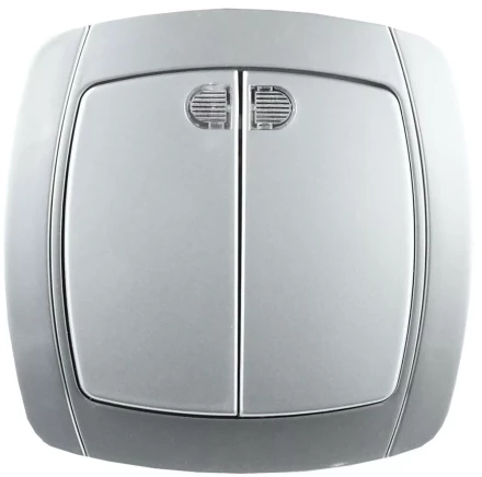 Выключатель СВЕТОЗАР "АКЦЕНТ" двухклавишный в сборе, с подсветкой, цвет серебристый металлик, 10А/~250В SV-54235-SM купить в Нижневартовске